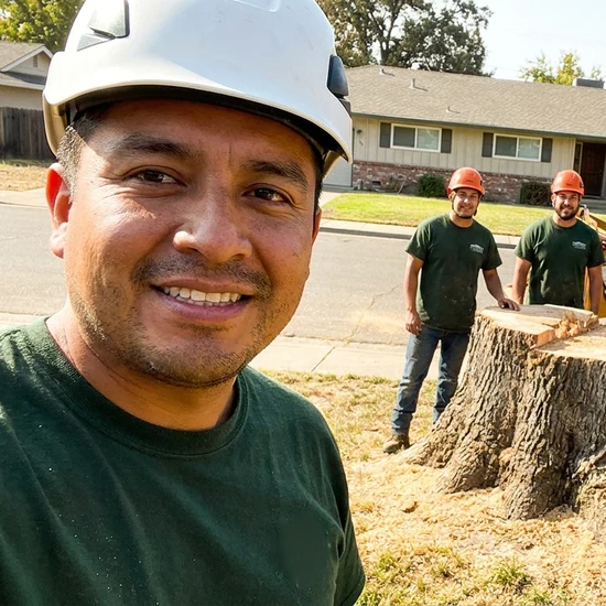 Smiling Greenline Tree Service crew selfie after removing a large oak in San Diego