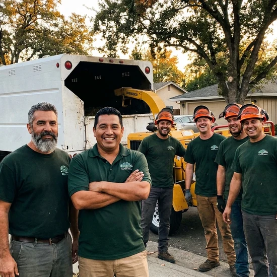 Tree service owner and crew with chip truck on a San Diego street