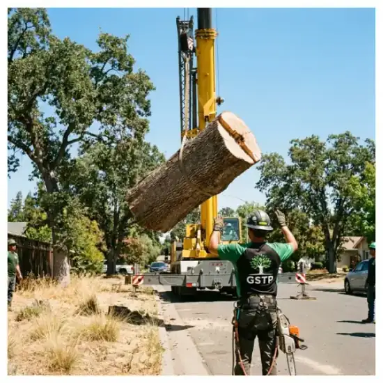 Crane lowering a tree section during a San Diego removal